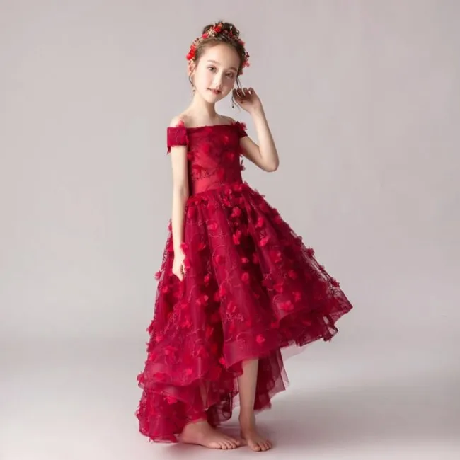 Красное платье с открытыми плечами для девочек, платья с цветком для От 3 до 14 лет, платья для девочек, с цветком