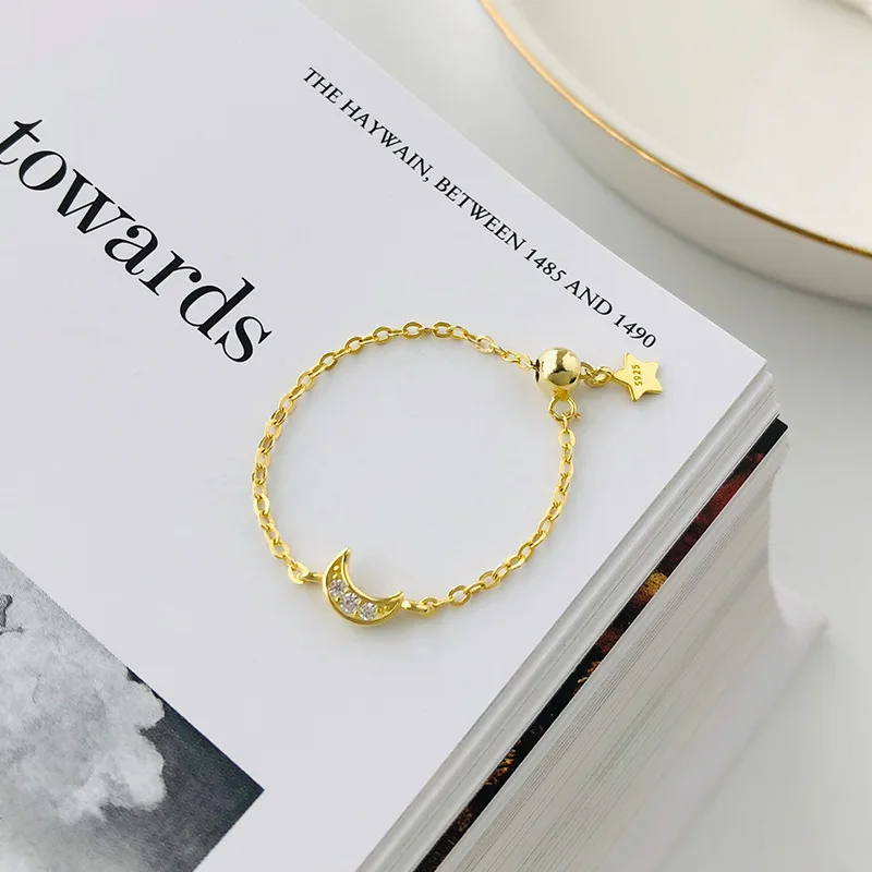 S925 Sterling Silver Micro-Setting Chain Adjustment Bead Ring Featuring Star and Moon Design, Ideal for Fashionable Women
