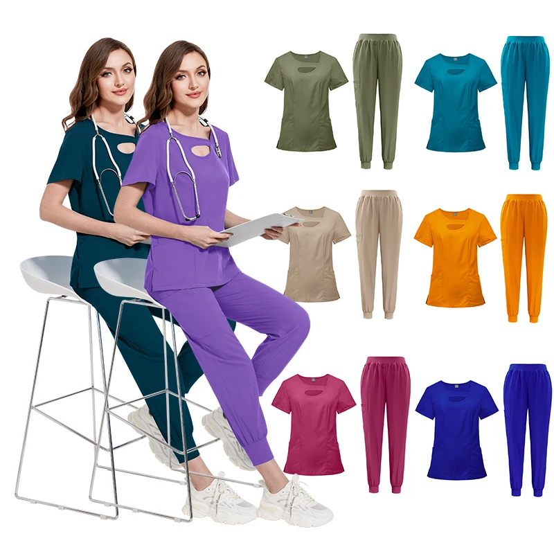 2024 New Mango Color Anti Wrinkle Waterproof Mandarin Neck Nursing Doctor Nurse Set Stretch Scrubs Uniform for Hospital