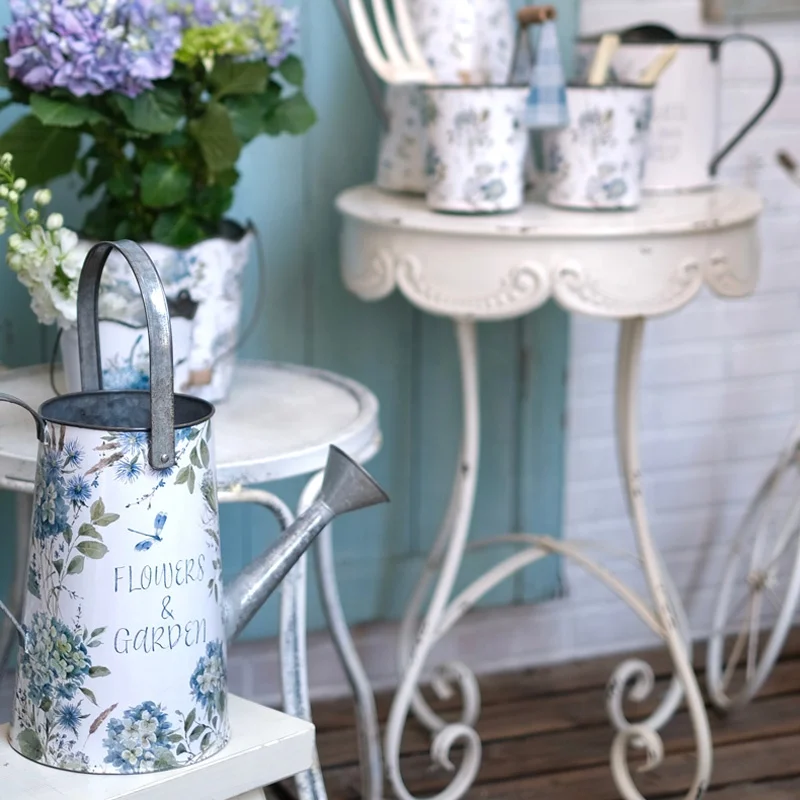 Handmade Shabby Chic hydrangea Print Metal Watering Can with a  Handle