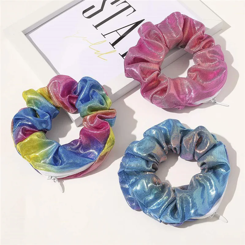 Customize Women Iridescent Pony Tail Hair Bands Shiny Soft Colorful Fabric Pocket Zipper Tie Dye Scrunchie