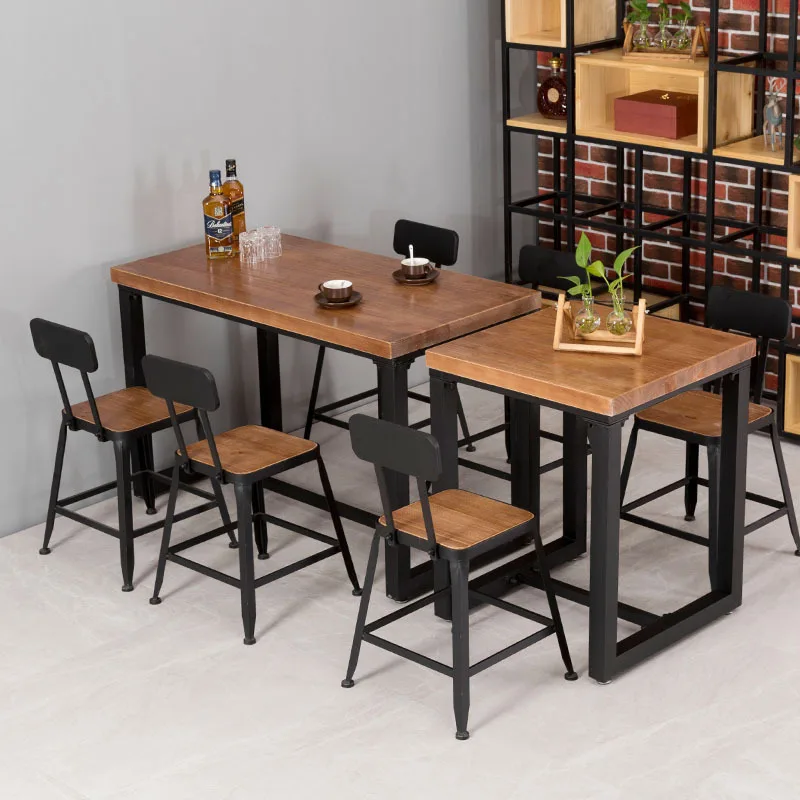 Modern industrial style wooden table top retro bar restaurant metal chairs and dining table