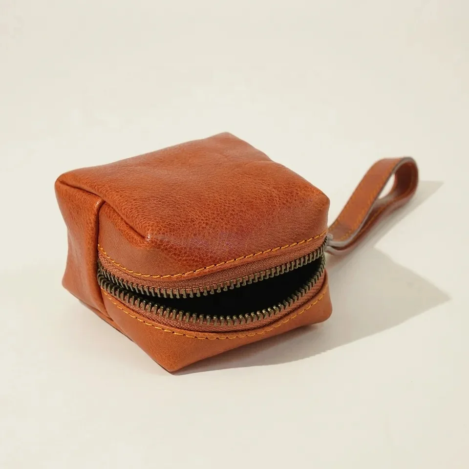 Custom Vegan Leather Small Coin Purse Square Shaped Women Wrist Strap Key Chain Coin Purse