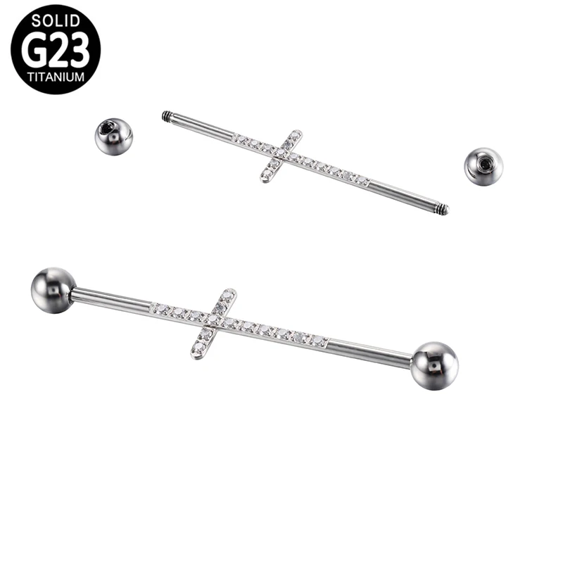 ASTM F136 Titanium Piercing Fashion Zircons Cross Shape Barbell With 2 Beans Top Earring Piercing Fashion Jewelry For Women