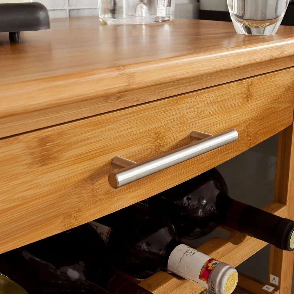 Modern Rustic Bamboo Kitchen Dining Cart Trolley with Sliding Drawer, Bottom Shelf and Metal Wire Baskets