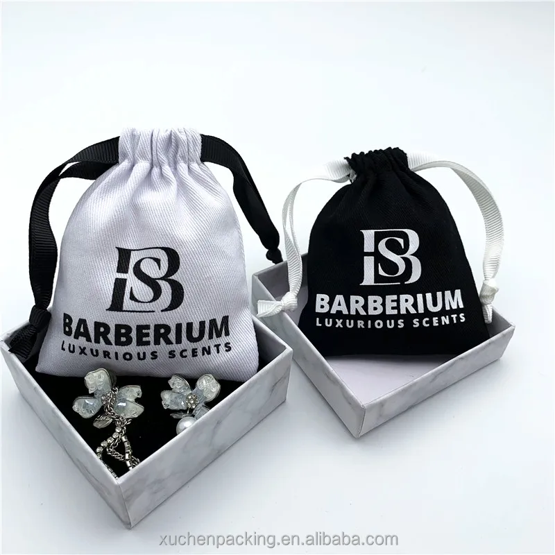 Custom 3*4 Small Cotton Jewelry Packaging Bag for Earring Twill Cotton Jewelry Pouches With Grosgrain Ribbon