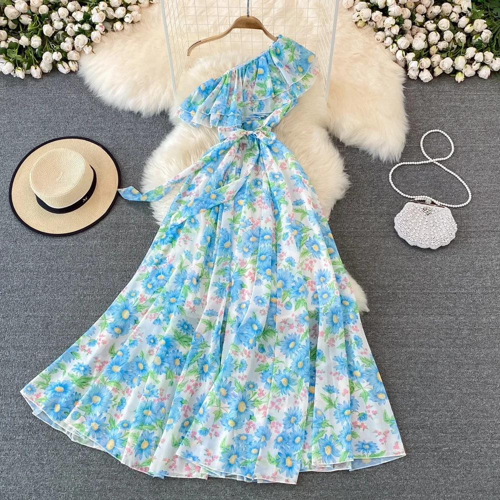 Seaside Holiday Fashion Dress Oblique Neck Single Side Open Shoulder Lotus Leaf High Waist Printed Dress Women