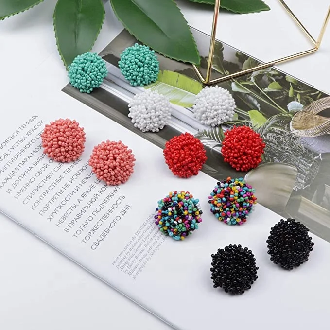 Wowei Bohemian Handmade Solid Color Colorful Seed Bead Ball Earrings Shaped Handmade Beaded Women Fashion Jewelry