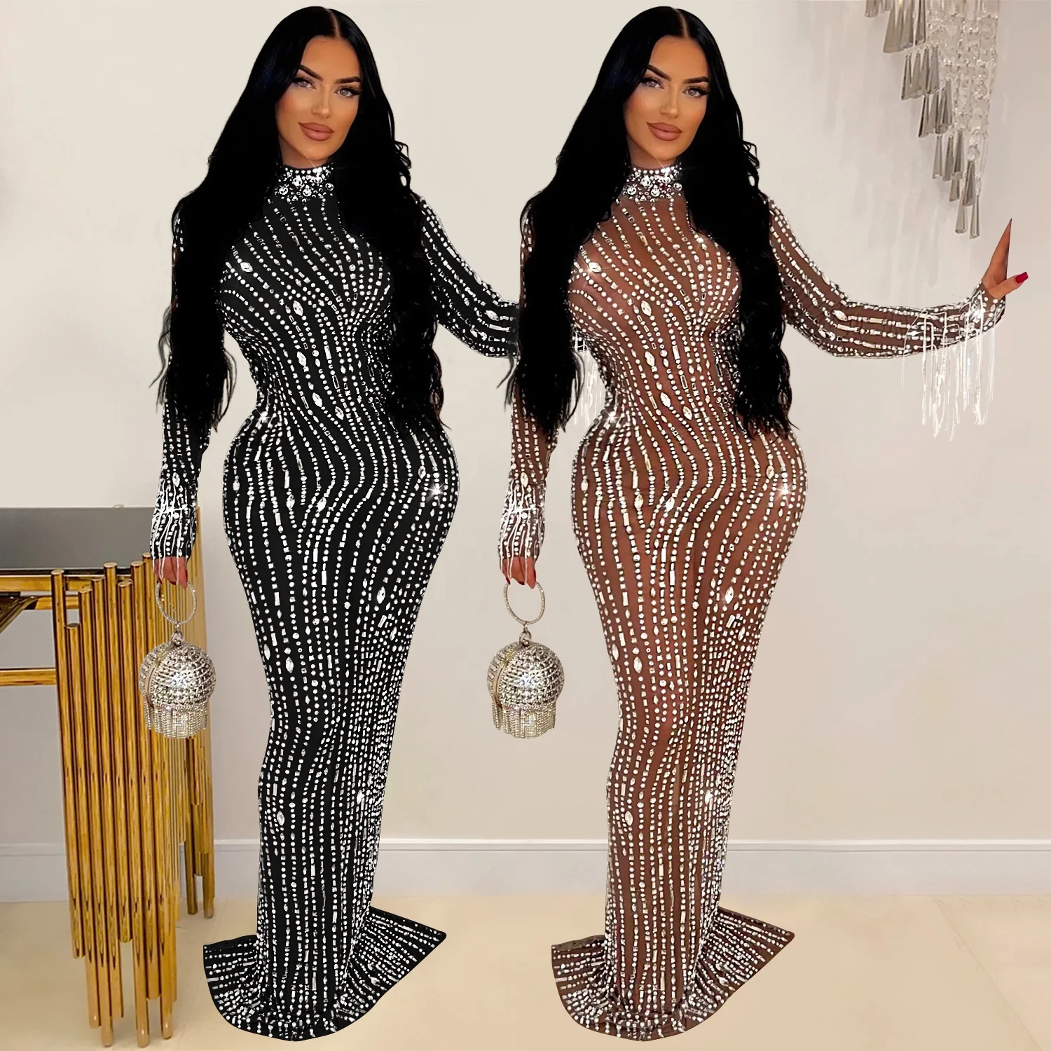 2024 Women Long Sleeve Mesh Diamonds Hot Rhinestones Bodycon Midi Dress Women Maxi Long Evening Birthday Dresses