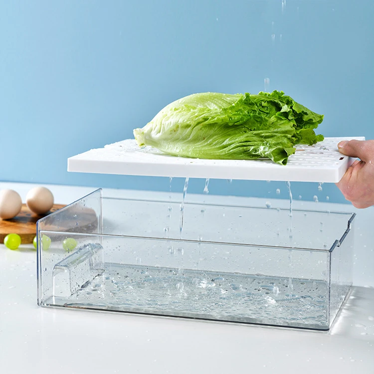 Wholesale Pull Out Fridge Vegetable Fruit Seafood Egg Organizer Drawers Clear Refrigerator Storage Box Bins with Draining Tray