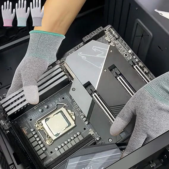 CUSTOM carbon touch screen Anti Static ESD Electronic nylon pu finger coated protection safety working labor gloves for work