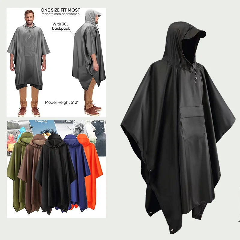 Hot-sale 3 in 1 Muti-functional Adult Waterproof 210T Polyester Raincoat Hiking Camping Emergency Hooded Rain Poncho with Pocket