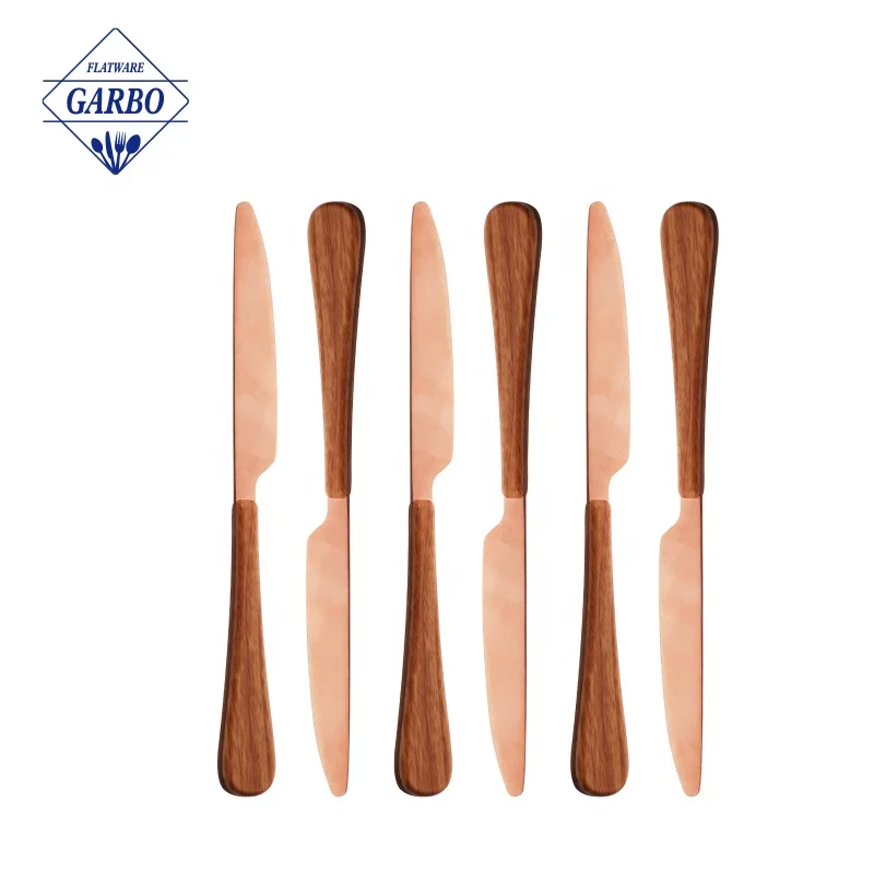 Wholesale Food Grade Rose Gold Stainless Steel Flatware Set Tableware Gold Silverware Cutlery Set With Imitated Wood Handle