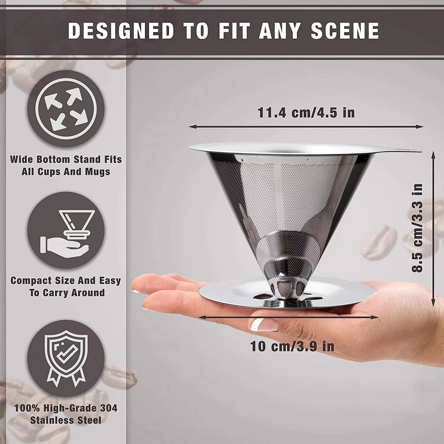 Pour Over Coffee Dripper Stainless Steel Slow Drip Coffee Filter Metal Cone Reusable Non-slip Cup Stand