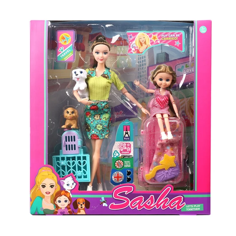 11.5 Inch Girl and Baby Doll Toys with Pet Pretend Play Travel Themed