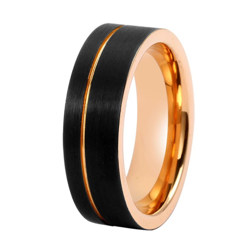 Tizti Jewelry Matte Finish Black with Rose Gold Plated Two-Tone Offset Groove Tungsten Rings Fashionable Men Wedding Bands