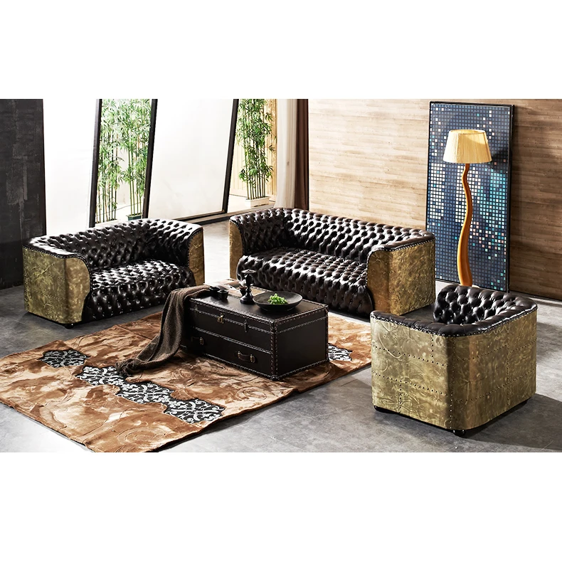 Vintage Brown Leather Sofa Set Aluminum 1-4 Seats Club Hotel Lobby Living Room Furniture S Aviator Copper Corner Sofa 5 Years