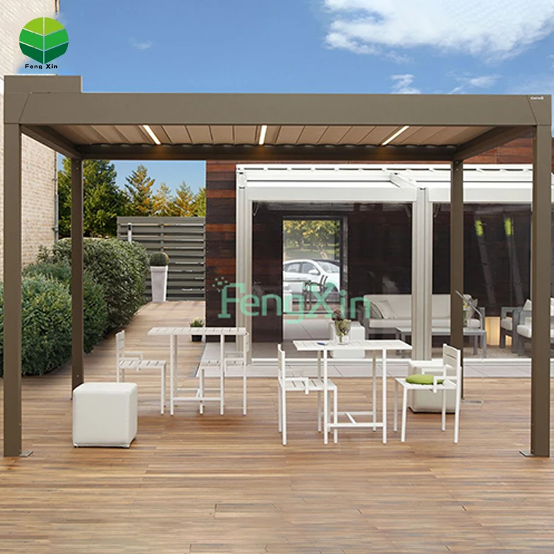 Metal Louvered Pergola Garden Furniture Pergola Awnings Privacy Screen Pergola Roof Bioclimatic Cover Gazebo with LED & Curtain