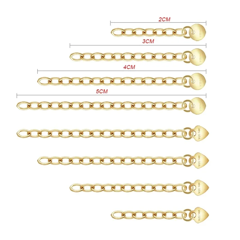 Gold Filled 2.3mm Extension Chain 2/3/4/5CM Cable Link Extender Chain With 1/20 14K Stamped 4mm Circle 3.5mm Heart Tail