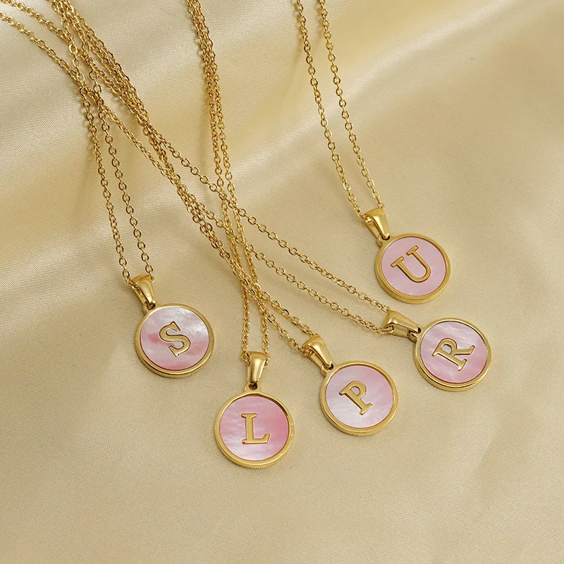 Personalized stainless steel gold plated A-Z 26 initial letters women lovely pink shell round pendant necklace