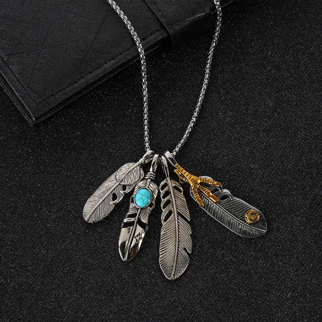  Vintage Style Antique Silver Feather Gemstone Pendant Womens/Mens Turquoise Inlaid on Alloy Rope Necklace