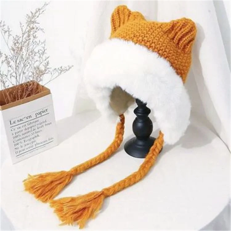 2023 Winter Warm Fur Knitted Hat Lady Outdoor Thicken Plush Fluffy Cap With Cat Ears Russian Hats for Women Girls Beanie Cap
