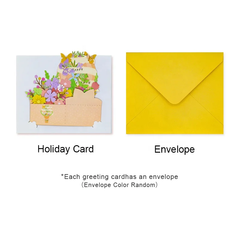 Customized High Quality Pink 3D Pop Up Paper Flower Basket Bouquet Birthday Anniversary Lovers Day Valentines Day Greeting Card