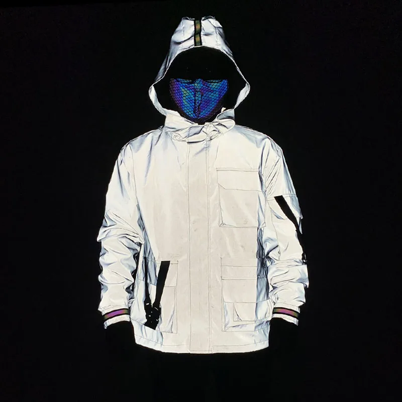 men blank silver gray zipper up hi viz hip hop light reflective waterproof windbreak hooded jacket coat windbreaker pullover