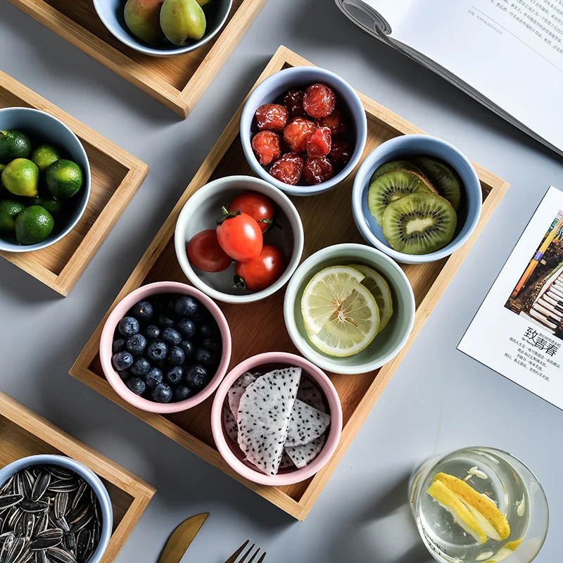 Japandi Light Luxury 2pcs Ceramic Fruit Nut Snack Plates Creative Serving Table Decoration Dessert Tray Set With Bamboo Holder