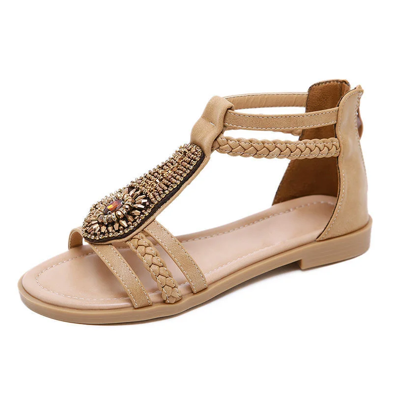 Fashion design ladies Bohemian style retro Beaded Zipper Rhinestone flats Sandals women sandals wholesale women casual sandals