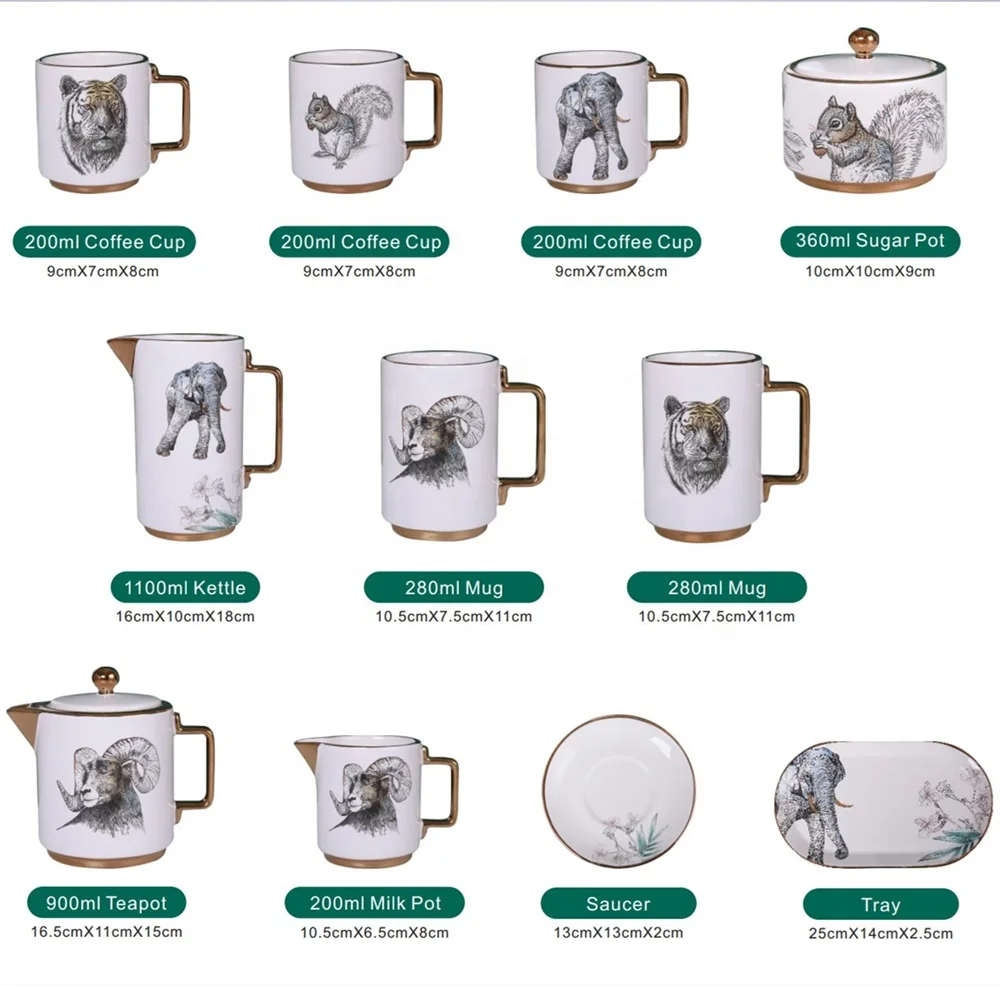 New Listing Animal Pattern Decal Drinkware Gold Plating Porcelain Coffee & Tea Sets for Home Cafe Gift