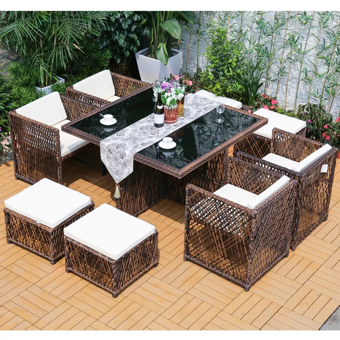 Wholesale patio leisure rattan wicker furniture set outdoor used coffee shop chair and glass top centre table