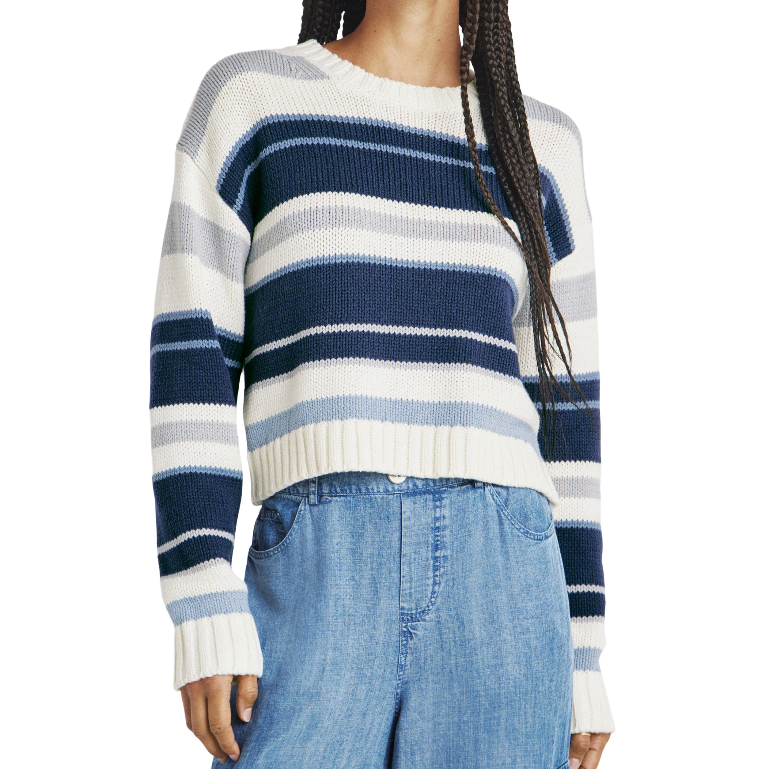 Factory Women Winter Long Sleeve Cable Knitted Color Block Striped Sweater Pullover Jumper