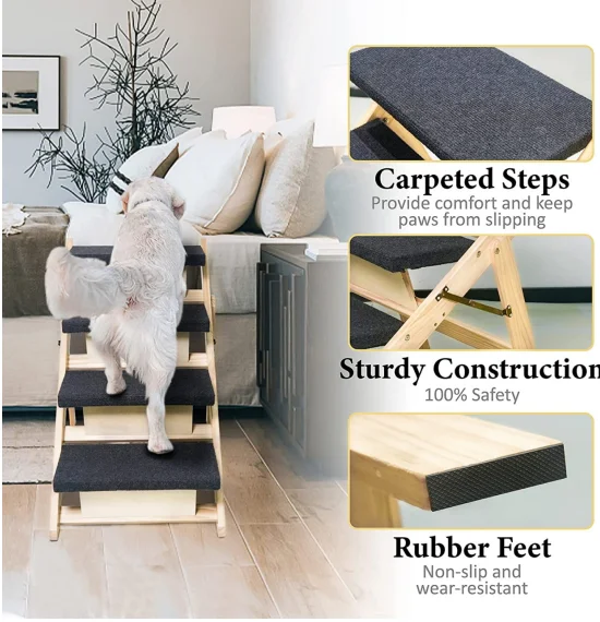 Wooden Dog Ramp with 4 Steps, Foldable Dog Stairs for High Beds Cars Couch, Durable