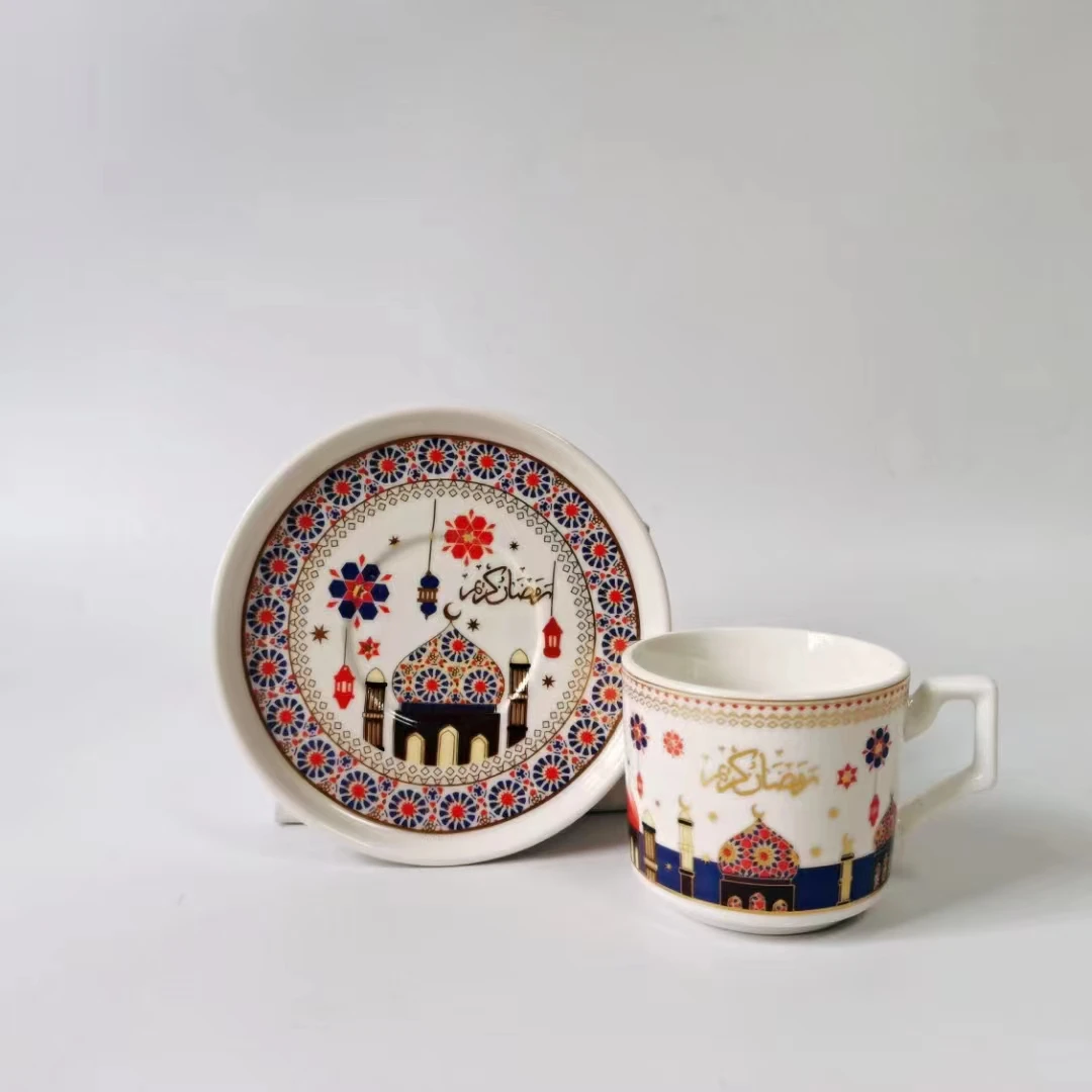 Ramadan Luxury Gift Set QIANHU Brand 110ml Porcelain Enamel 12PCS Turkish Arabic Espresso Coffee and Tea Cup Saucer with Gold Ri