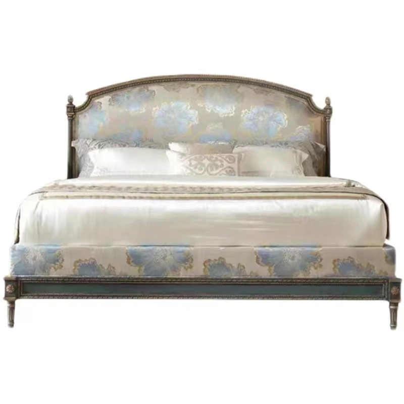 French retro light luxury palace style villa master bedroom carved soft bag solid wood double bed