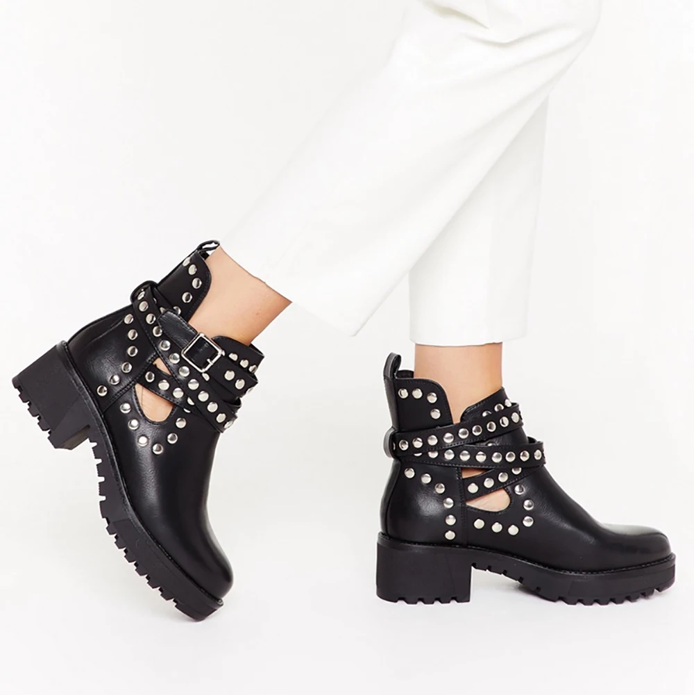 Wholesale Autumn Outdoor Boots Pu Black Fashion Leather Studded Boots