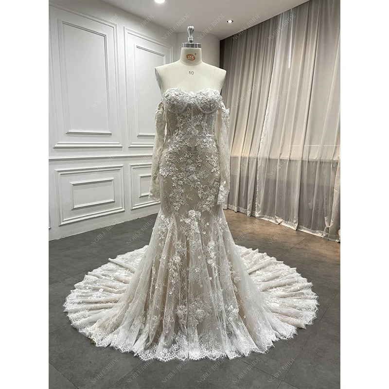 Hailey Style Chantilly Lace 3D Beaded Lace Sweetheart Long Off Shoulder Champagne Sexy Sheer Mermaid Wedding Dresses Bridal Gown
