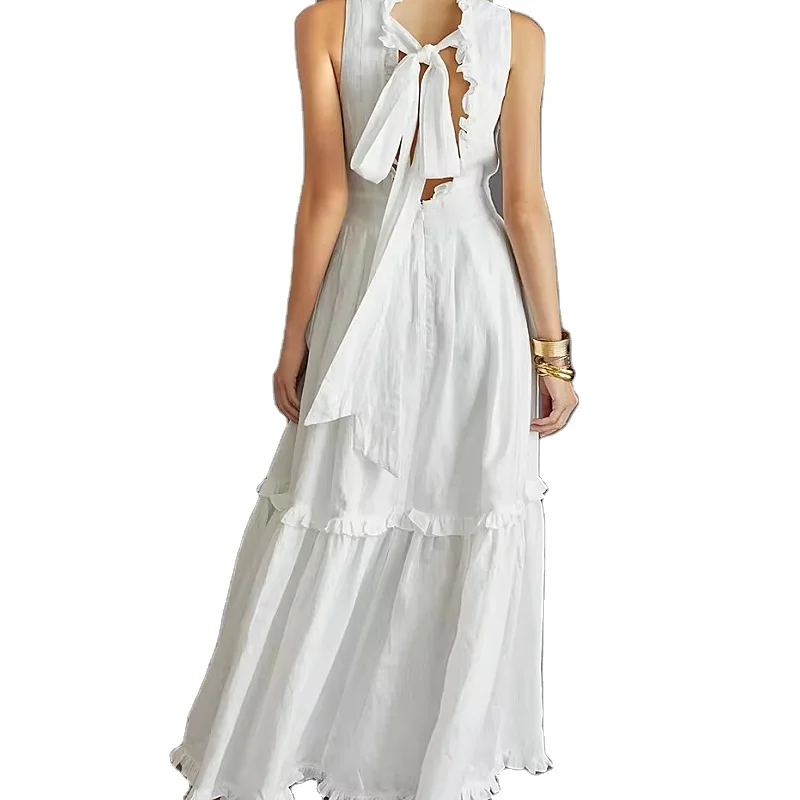 Custom Summer 100% Cotton Elegant with Buttons Casual Style Sleeveless Maxi Dress for Women