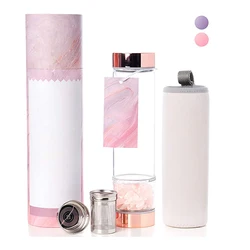 Custom Logo Rose Quartz Borosilicate Glass Gemstone Crystal Water Bottle