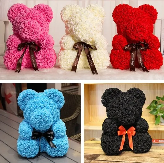 Cute PE 40cm Rose Bear Handmade Artificial Flower Bears Wedding Home Decorations Birthday Valentines Gift Love Bear Dolls