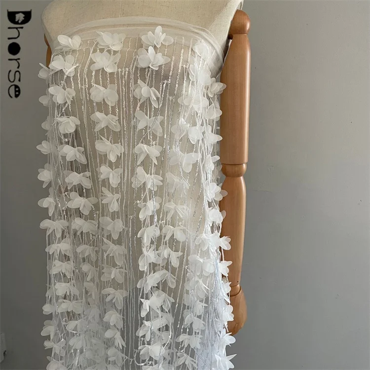 New shiny sequin tassel fringe embroidery fancy white 3d floral lace fabric for wedding gown