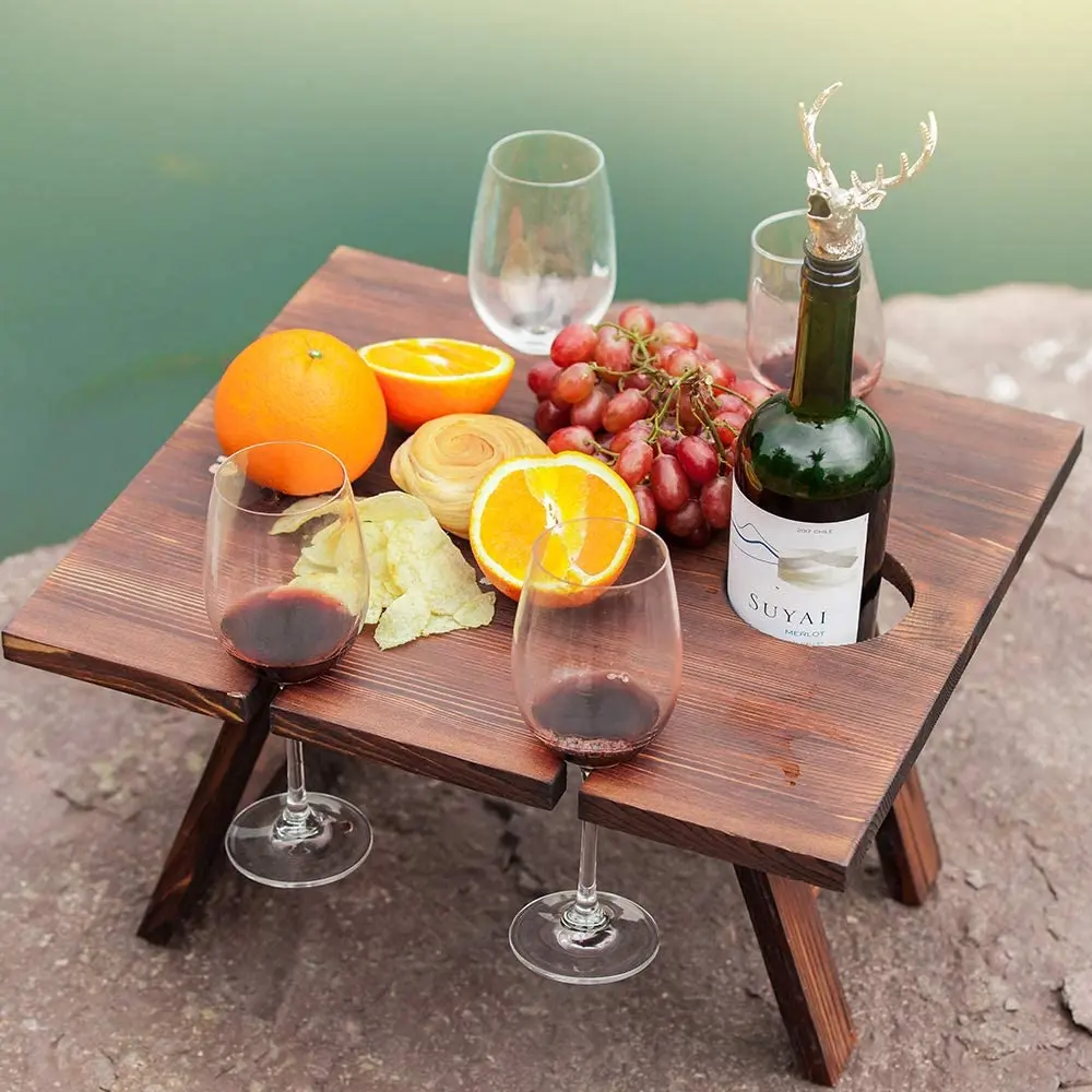 Outdoor Wine Picnic Wooden Table Folding Portable Bamboo Wine Glasses Snack and Cheese Holder Tray for Concerts at Park Beach