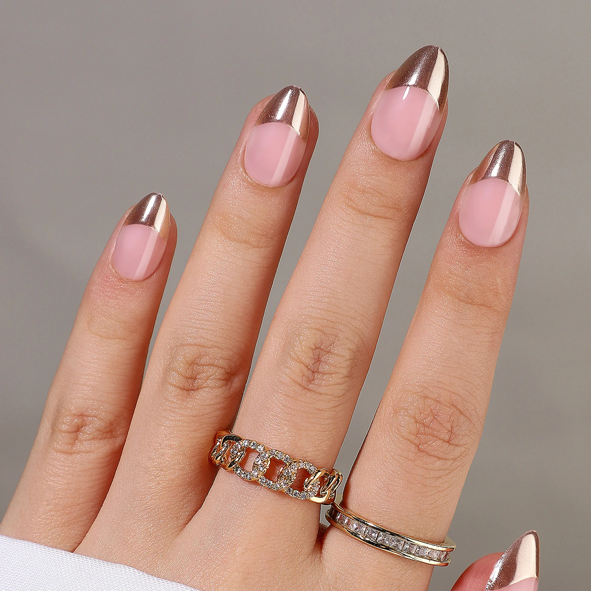 Elegant Soft Gel Medium Length Almond Rose Gold French Nails Press On Soft Gel Nails Art Tips Full Cover Gel Fake Nails