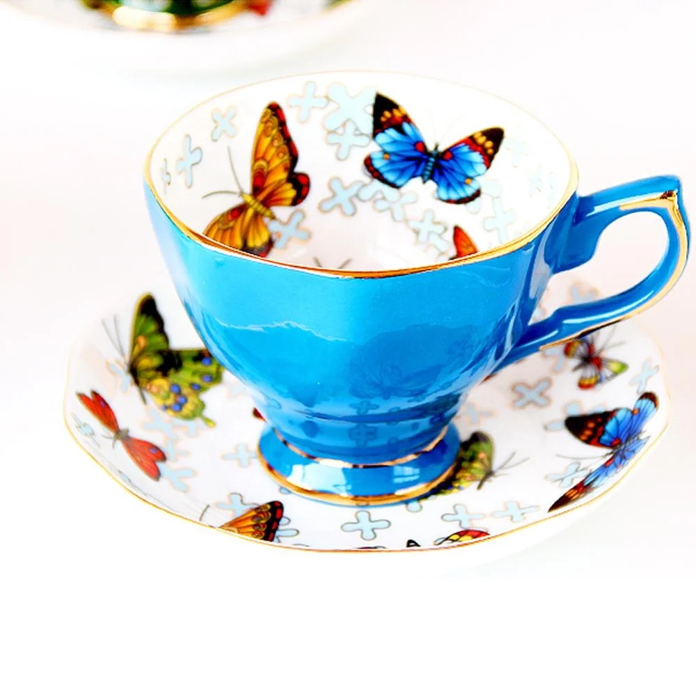 Tea Cup and Saucer Set-8oz Bone China Afternoon Tea Cup with Saucer Butterflies Printing Gift Teacups for Girls or Fri