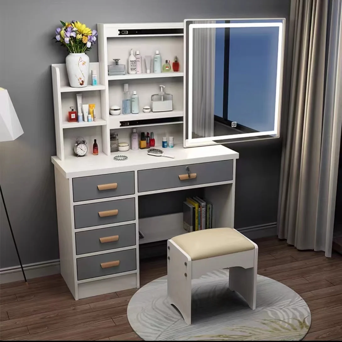 Modern Cheap Dressing Table white Makeup Vanity Dresser Table with LED Mirror Hairdresser Big storage cabinet Bedroom Furniture