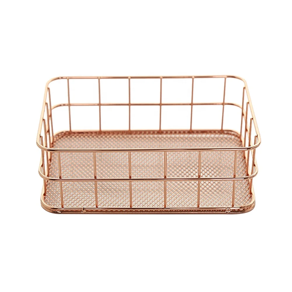 Wire Organizer Basket Iron Foldable Customized Package Storage Baskets Rose Gold Rectangle Metal Modern Customized Color 2set