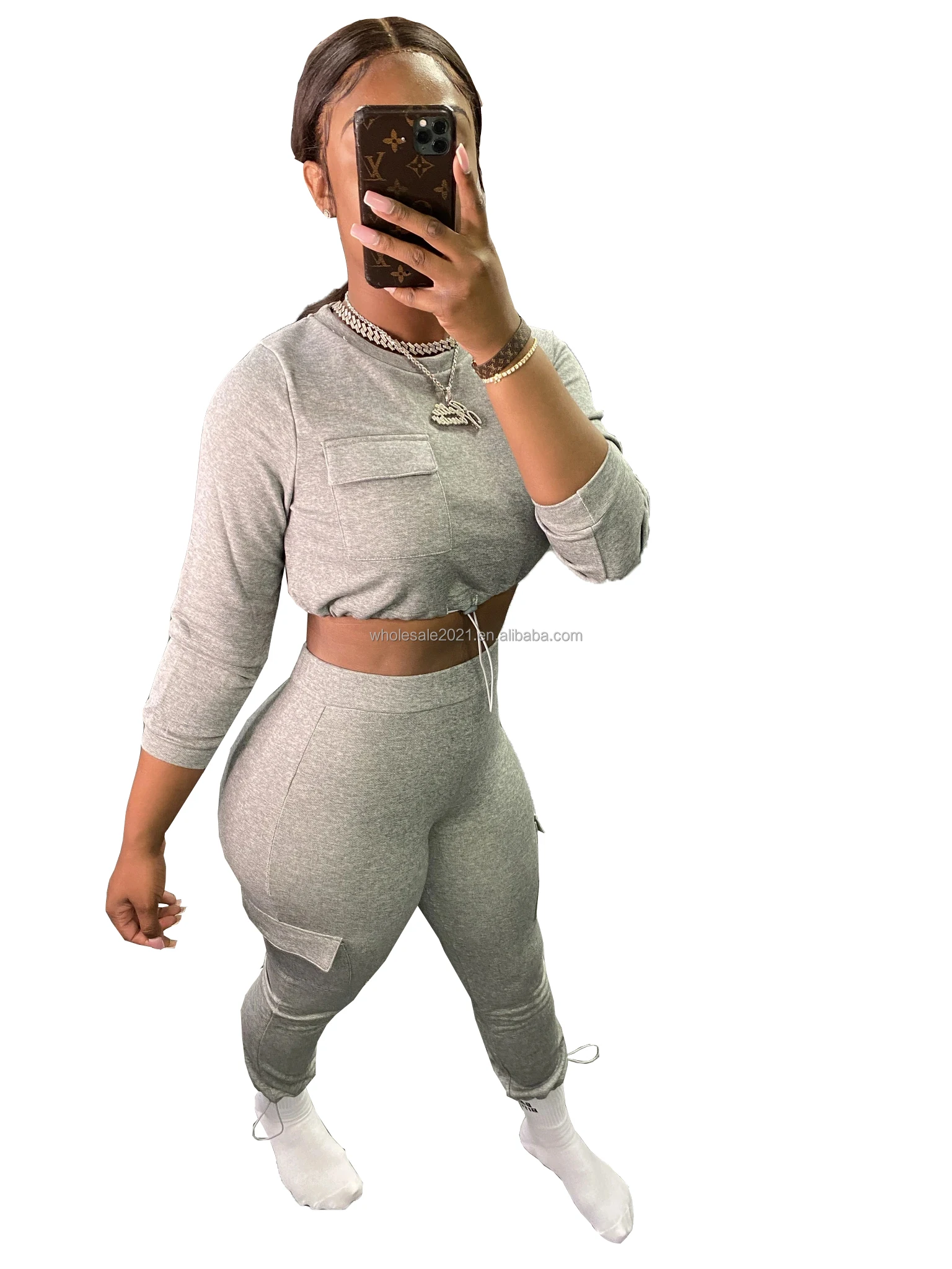 
2021 New Arrival Hot Sale Women Spring Fashion High Quality Casual Pocket Drawstring Round Collar Suit Two Piece Set Wholesale 