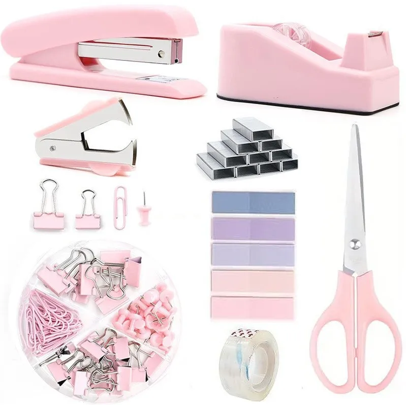 Desktop office stationery set pink stapler tape holder scissors staple remover in stock