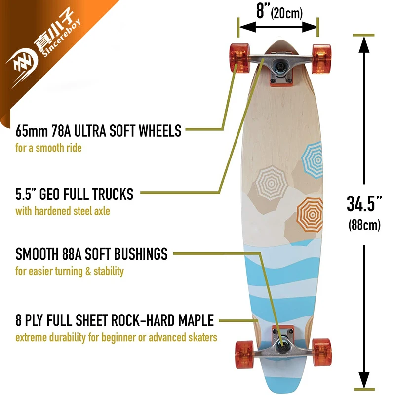 Fish Long board Professional surface Custom complete Canadian Maple Longboard Skateboard